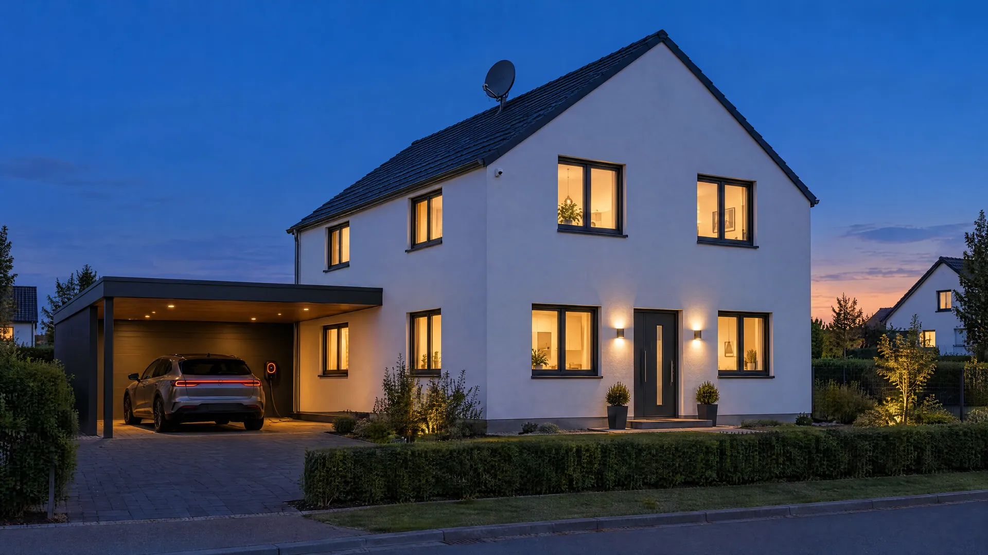 Einfamilienhaus zur blauen Stunde mit beleuchteten Fenstern, Carport und Wallbox