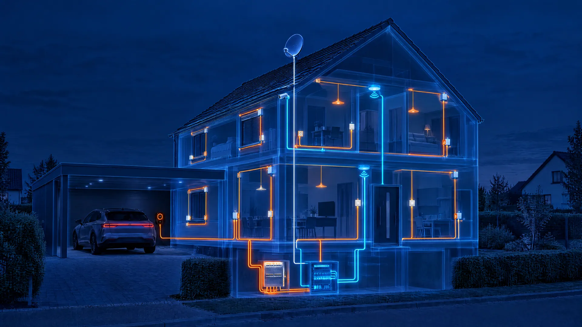 Röntgenansicht des Hauses mit orangen Stromleitungen und cyanfarbenen Netzwerkkabeln
