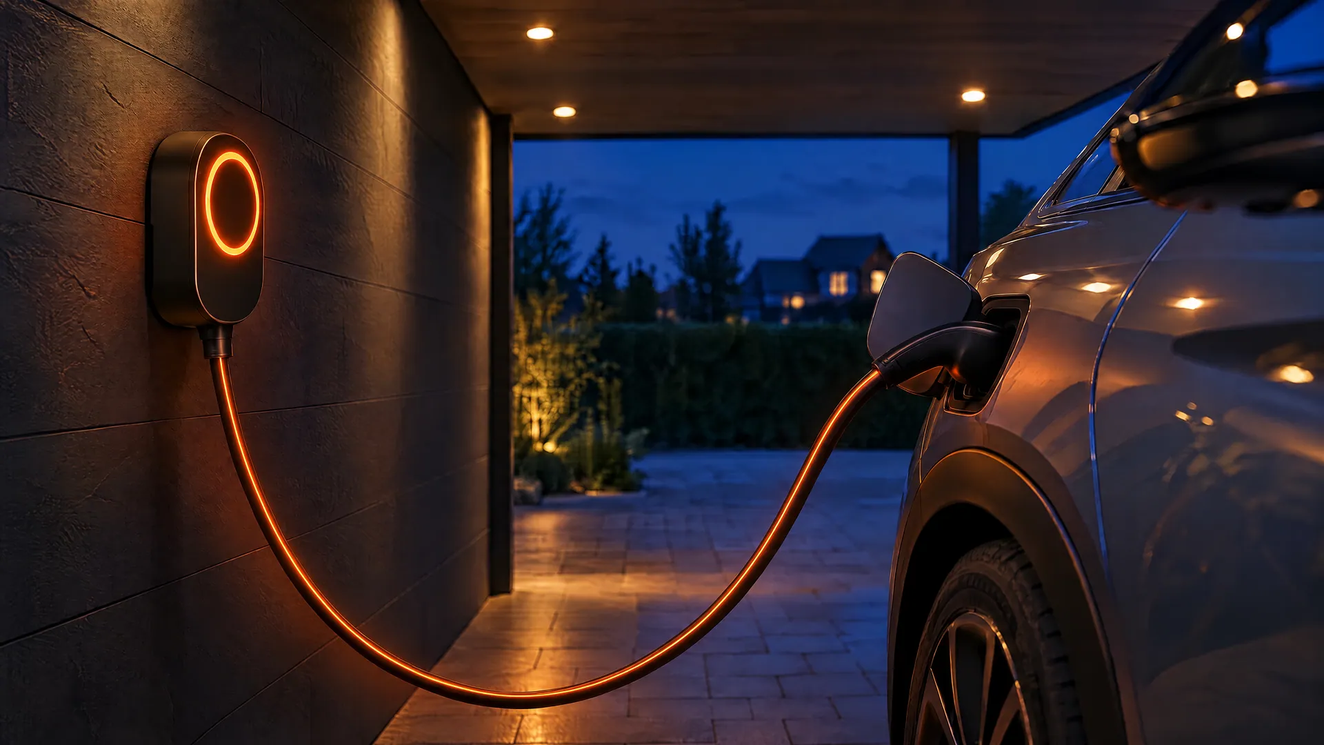 Wallbox mit orange leuchtendem LED-Ring, das Ladekabel steckt im Elektroauto